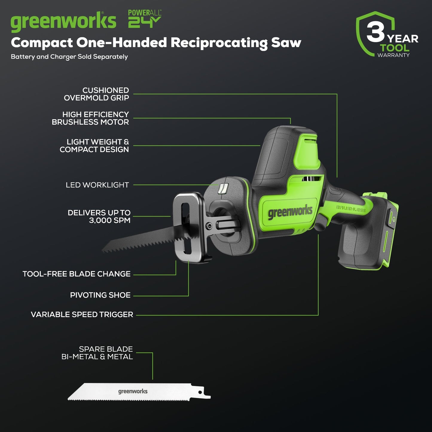 24V 1" One-Handed Compact Reciprocating Saw (Tool Only)