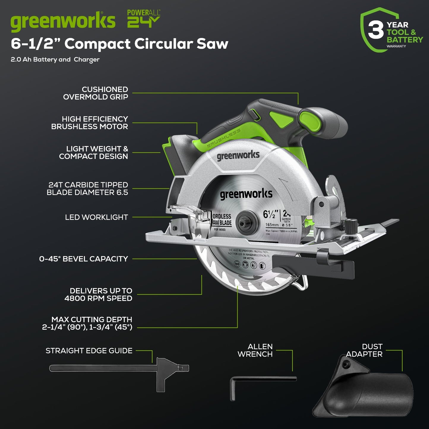 24V Cordless Battery 6.5'' Circular Saw w/ 2.0Ah Battery & Charger