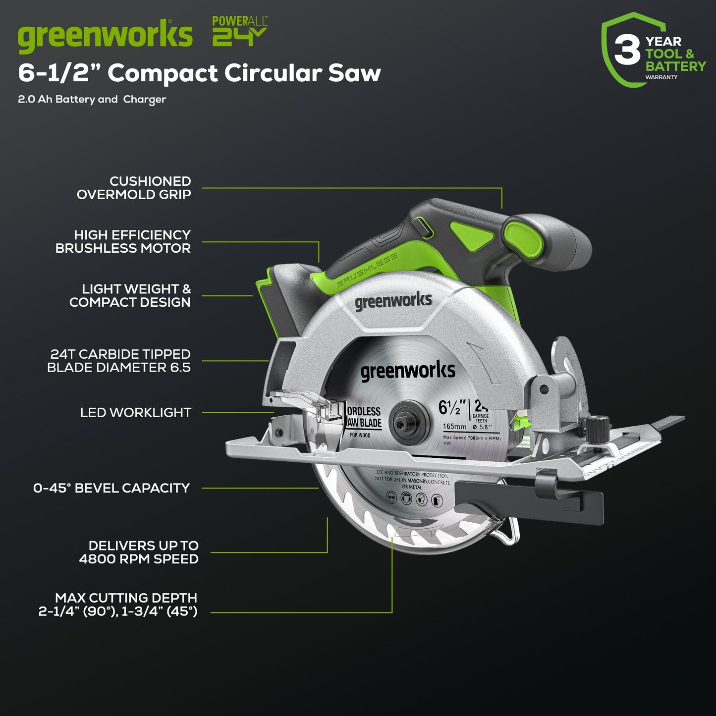 24V 6.5" Cordless Battery Brushless Circular Saw (Tool Only)