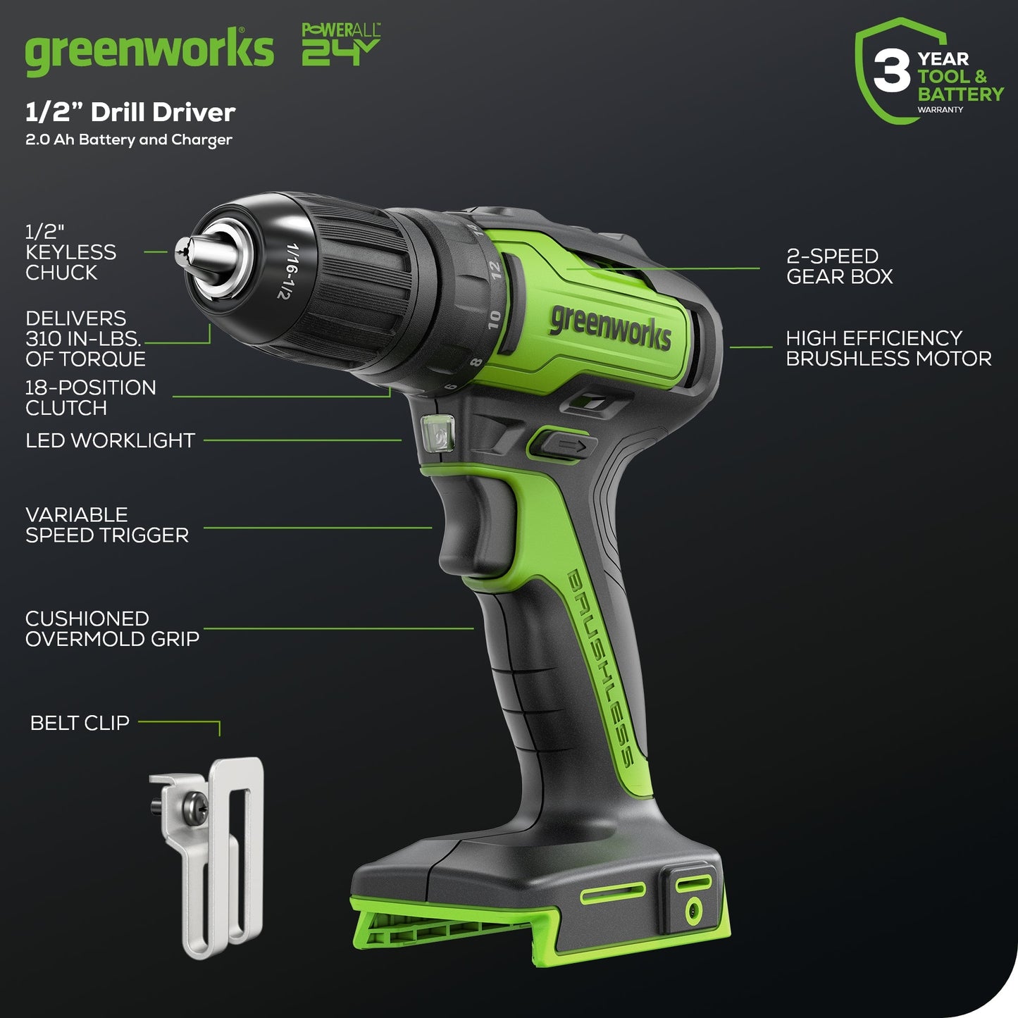 24V Cordless Battery Brushless 1/2" 310 in/lbs Drill / Driver w/ (1) 2.0Ah Battery & Charger