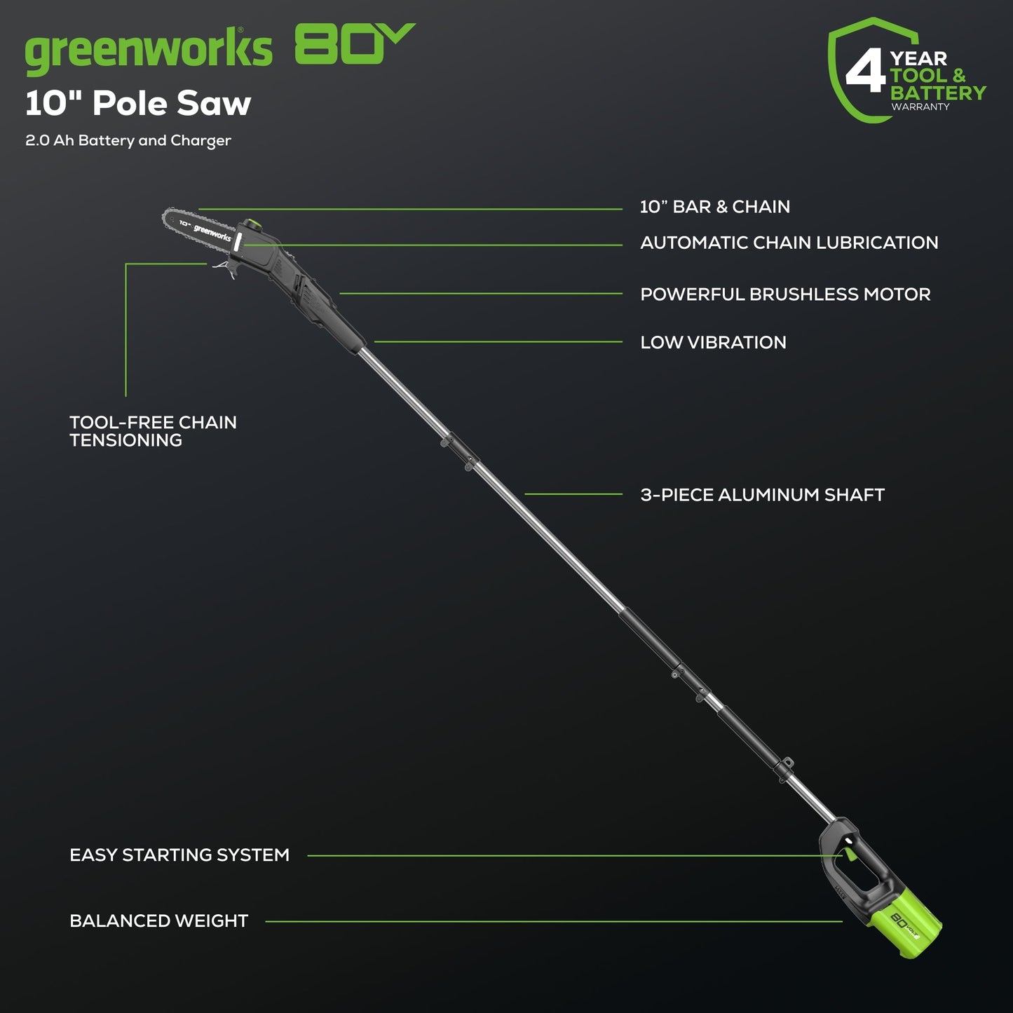 80V Cordless 10" Brushless Pole Saw w/ 2.0Ah Battery & Rapid Charger