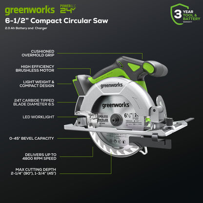 24V 6.5" Cordless Battery Brushless Circular Saw (Tool Only)