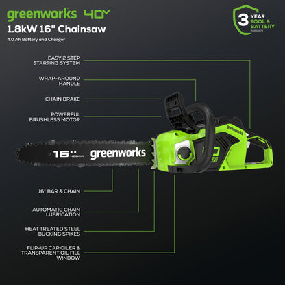 40V 16" Cordless Battery Chainsaw w/ 4.0Ah USB Battery & Charger