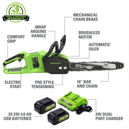 48V (2x24V) 16" Cordless Battery Chainsaw w/ Two (2) 4.0Ah USB Batteries & Dual Port Charger